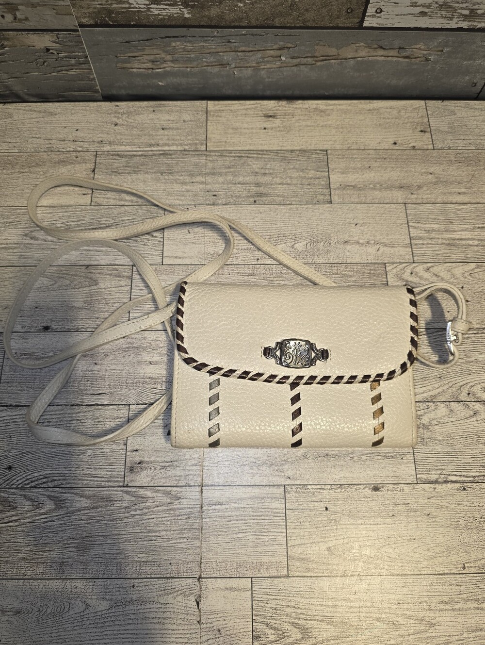Brighton Cream Leather Crossbody with Braided Trim and Silver Accent - Picture 1 of 4